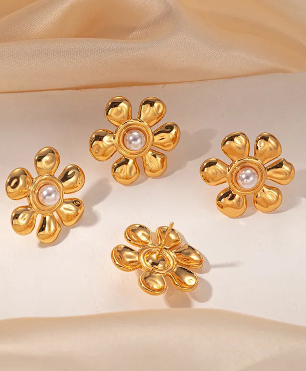 Aretes de flor con perla y baño dorado para mujer - imagen 4