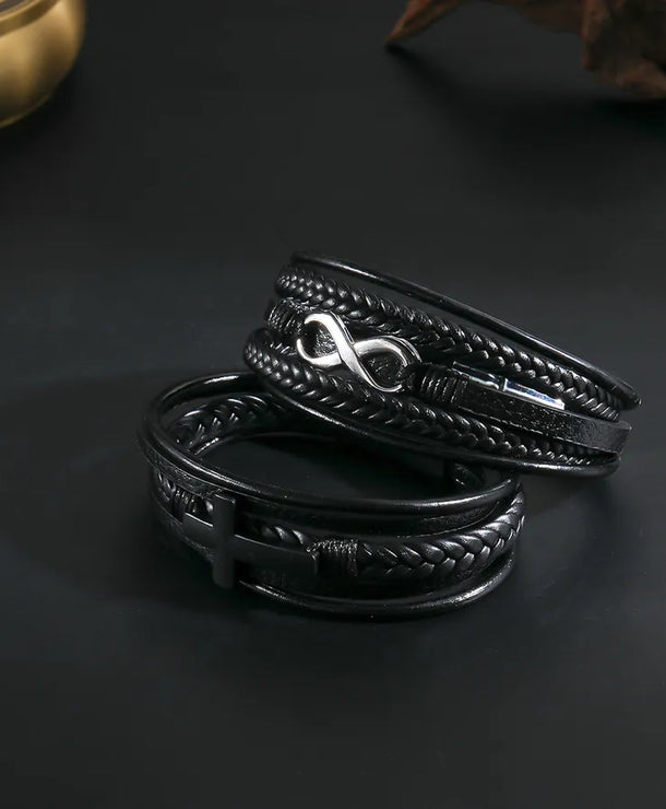 Brazalete punk geométrico para hombre con cadena de piel tejida - imagen 2