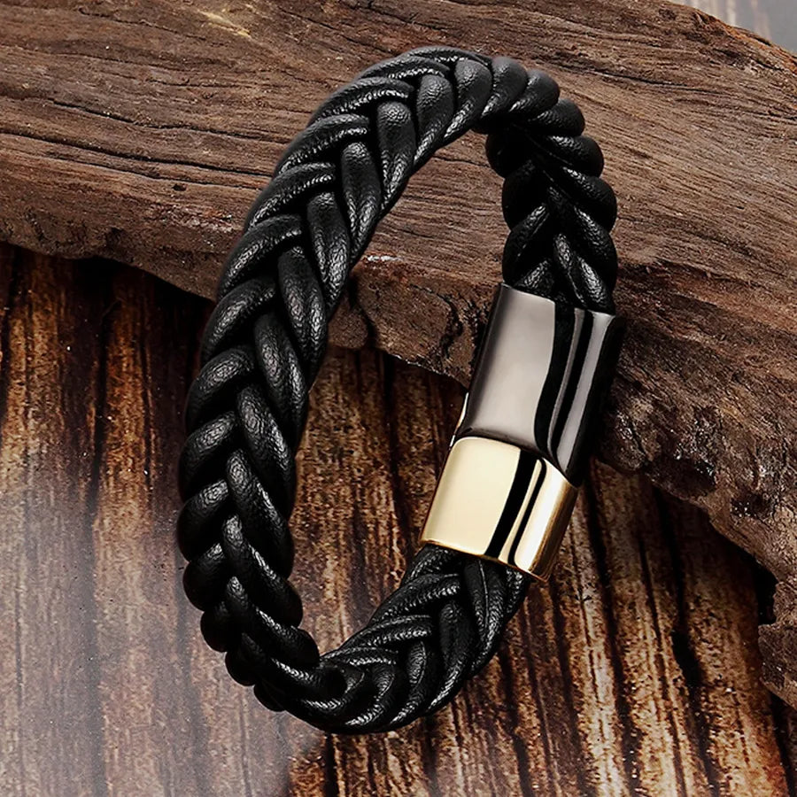 Pulsera de piel tejida y acero de titanio para hombre, estilo vintage - imagen 4