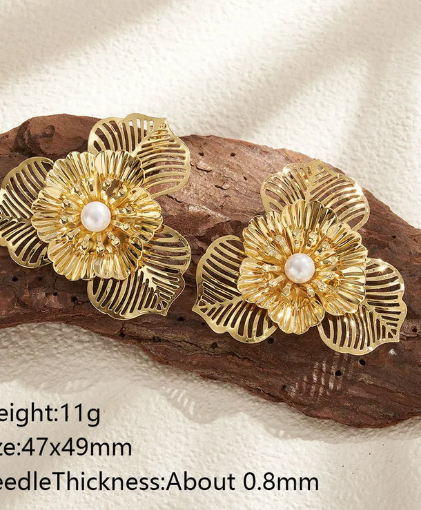 Aretes de botón de acero 201 con baño de oro 14K y diseño de flor - imagen 4