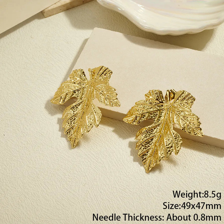 Aretes de botón de acero 304 con diseño de hoja tropical para mujer - imagen 4