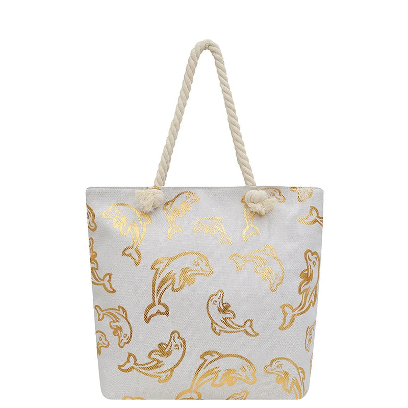 Bolso tote grande de lona con estampado de hojas, lunares y flamencos - imagen 7