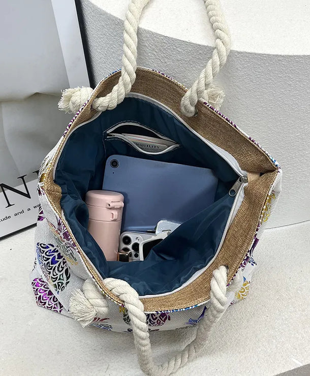 Bolso tote grande de lona con estampado de hojas, lunares y flamencos - imagen 2